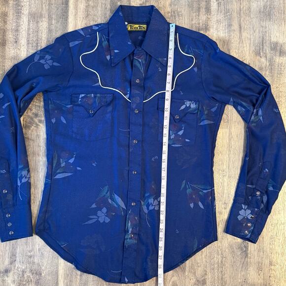 VTG Tem Tex Western Shirt Floral Pearl Snap White Piping Blue 70s Women’s Medium - Picture 6 of 10